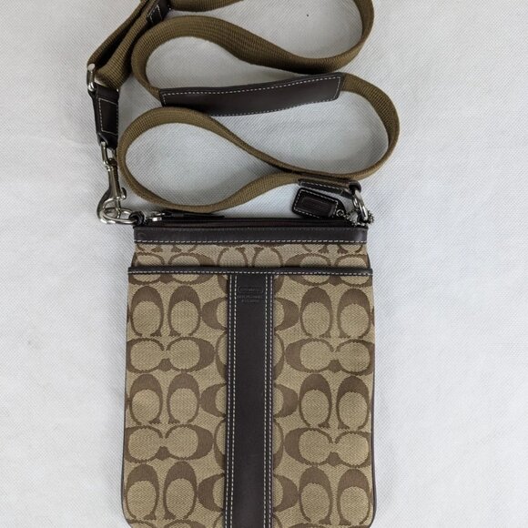 Vintage Coach Small Crossbody Bag Tan Logo Printed Canvas Brown Leather Accents - Picture 1 of 12